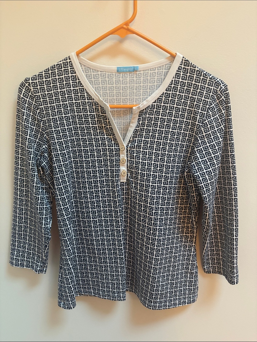 J. McLaughlin Navy and White Geometric Henley Top